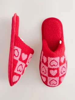 Next Pink/Red Borg Mule Check Heart Slippers^Women Slippers