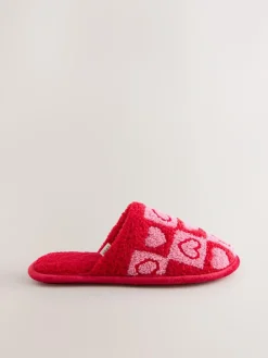 Next Pink/Red Borg Mule Check Heart Slippers^Women Slippers