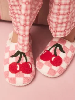 Next Pink/Red Check Cherry Mule Slippers^Women All Night & Lounge