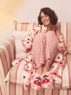 Next Pink/Red Check Cherry Mule Slippers^Women All Night & Lounge