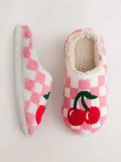 Next Pink/Red Check Cherry Mule Slippers^Women All Night & Lounge