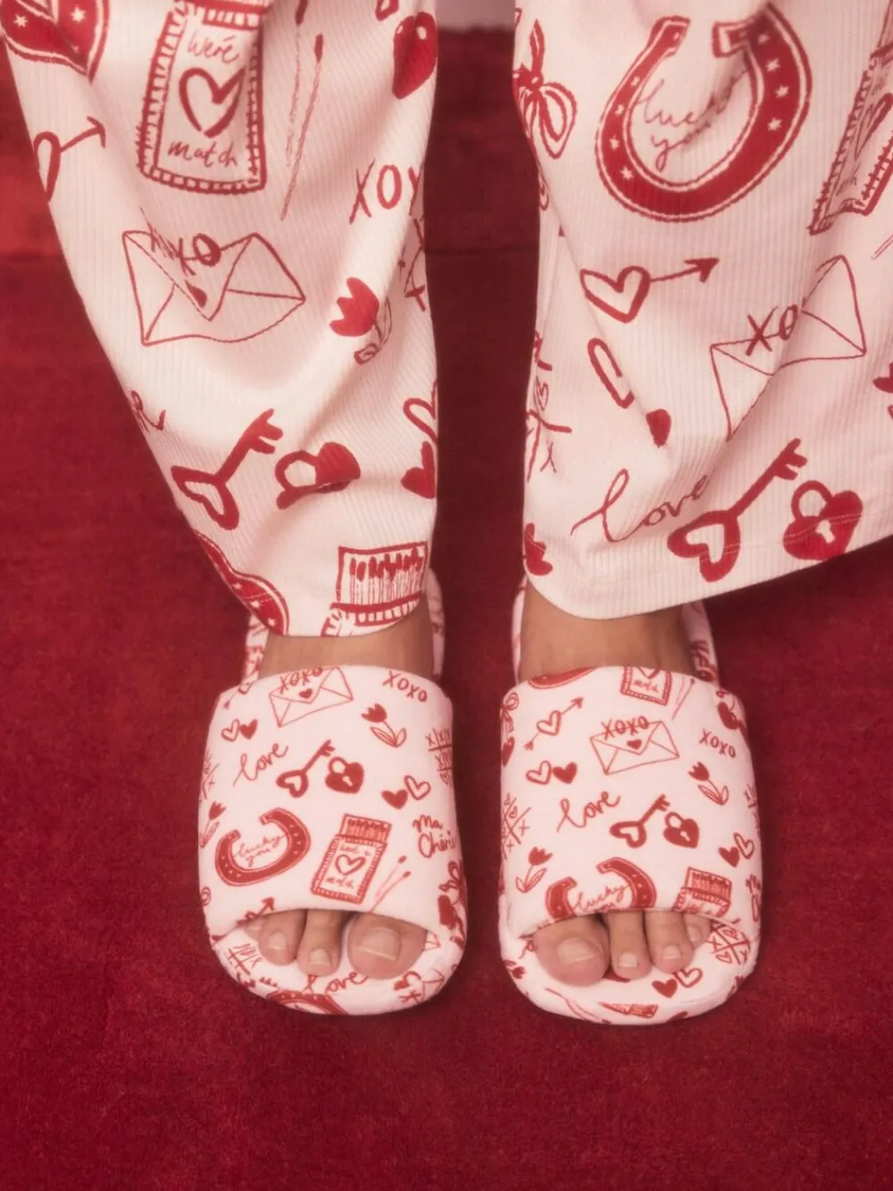 Next Pink/Red Heart Plush Slider Slippers^Women Slippers