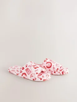 Next Pink/Red Heart Plush Slider Slippers^Women Slippers