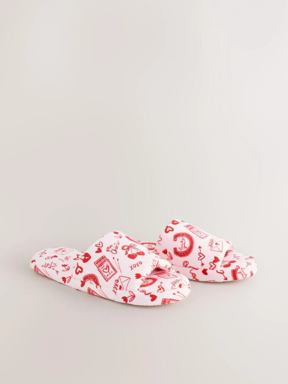 Next Pink/Red Heart Plush Slider Slippers^Women Slippers