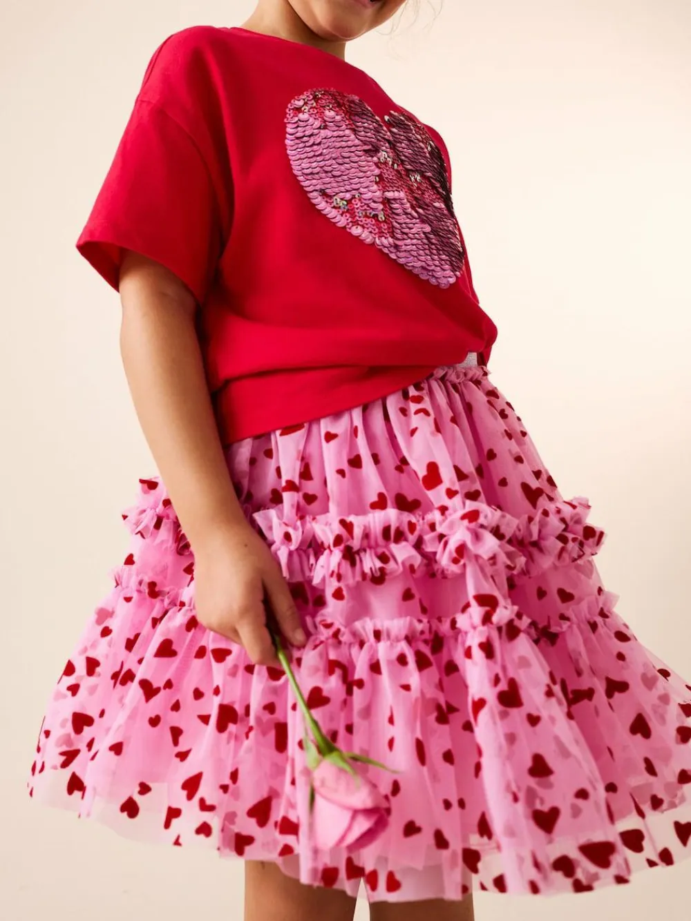 Best Next Pink/Red Heart Pull On Mesh Skirt (3-16yrs)