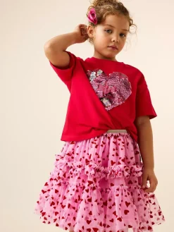 Best Next Pink/Red Heart Pull On Mesh Skirt (3-16yrs)