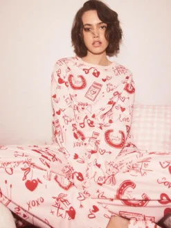 Next Pink/Red Heart Ribbed Long Sleeve Pyjamas^Women Nightwear|Pyjamas