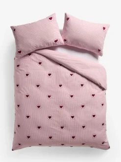 Next Pink/Red Stripe Brushed Cotton Tufted Heart Duvet Cover and Pillowcase Set