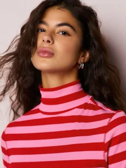 Discount Next Pink/Red Striped Ribbed High Neck Long Sleeve T-Shirt