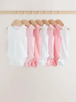 Best Next Pink/White 7 Pack Essential Vest Baby Bodysuits