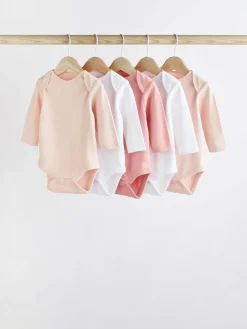 Next Pink/White 5 Pack Essential Long Sleeve Baby Bodysuits^ Multipacks|Bodysuits & Vests