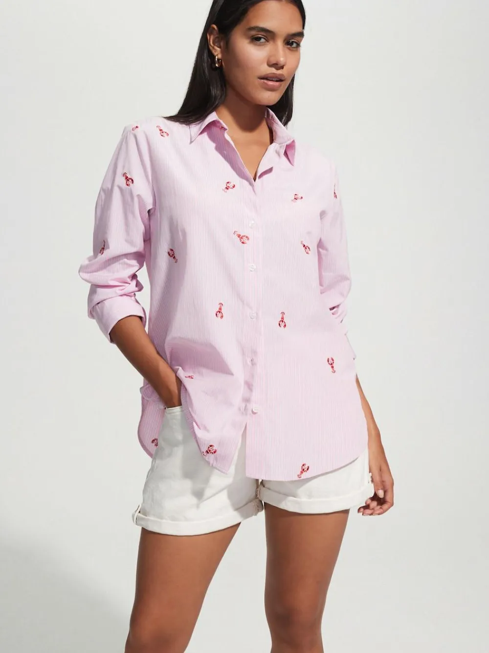 Sale Next Embroidered Long Sleeve Shirt Pink/White Stripe Lobster