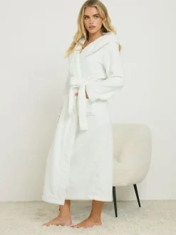 PixieGirl Petite White Cotton Touch Hooded Maxi Robe^Women Bathrobes