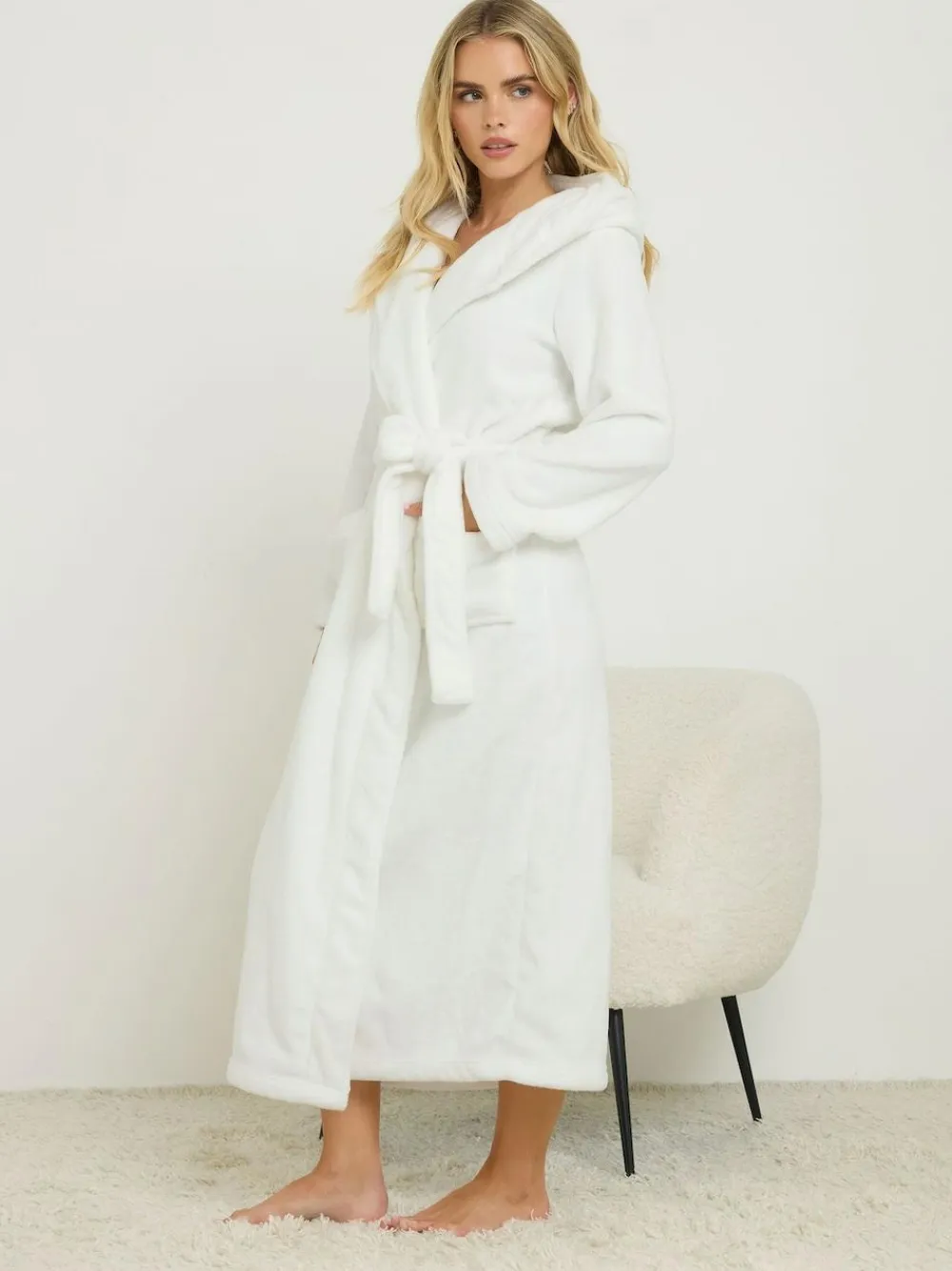 PixieGirl Petite White Cotton Touch Hooded Maxi Robe^Women Bathrobes
