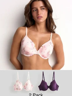 Next Plum Purple/Floral Print Full Cup A-E Smoothing Ultimate Comfort Bras 2 Pack^Women Bras