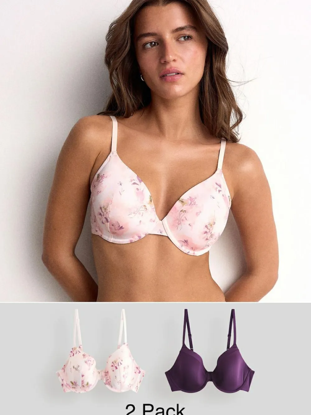 Next Plum Purple/Floral Print Full Cup A-E Smoothing Ultimate Comfort Bras 2 Pack^Women Bras