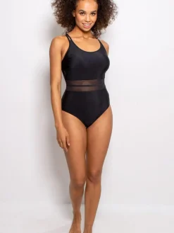New Pour Moi Black Energy Double Strap Racerback Mesh Swimsuit