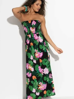 Pour Moi Black Floral Strapless Shirred Bodice Woven Maxi Beach Dress^Women Maxi Dresses