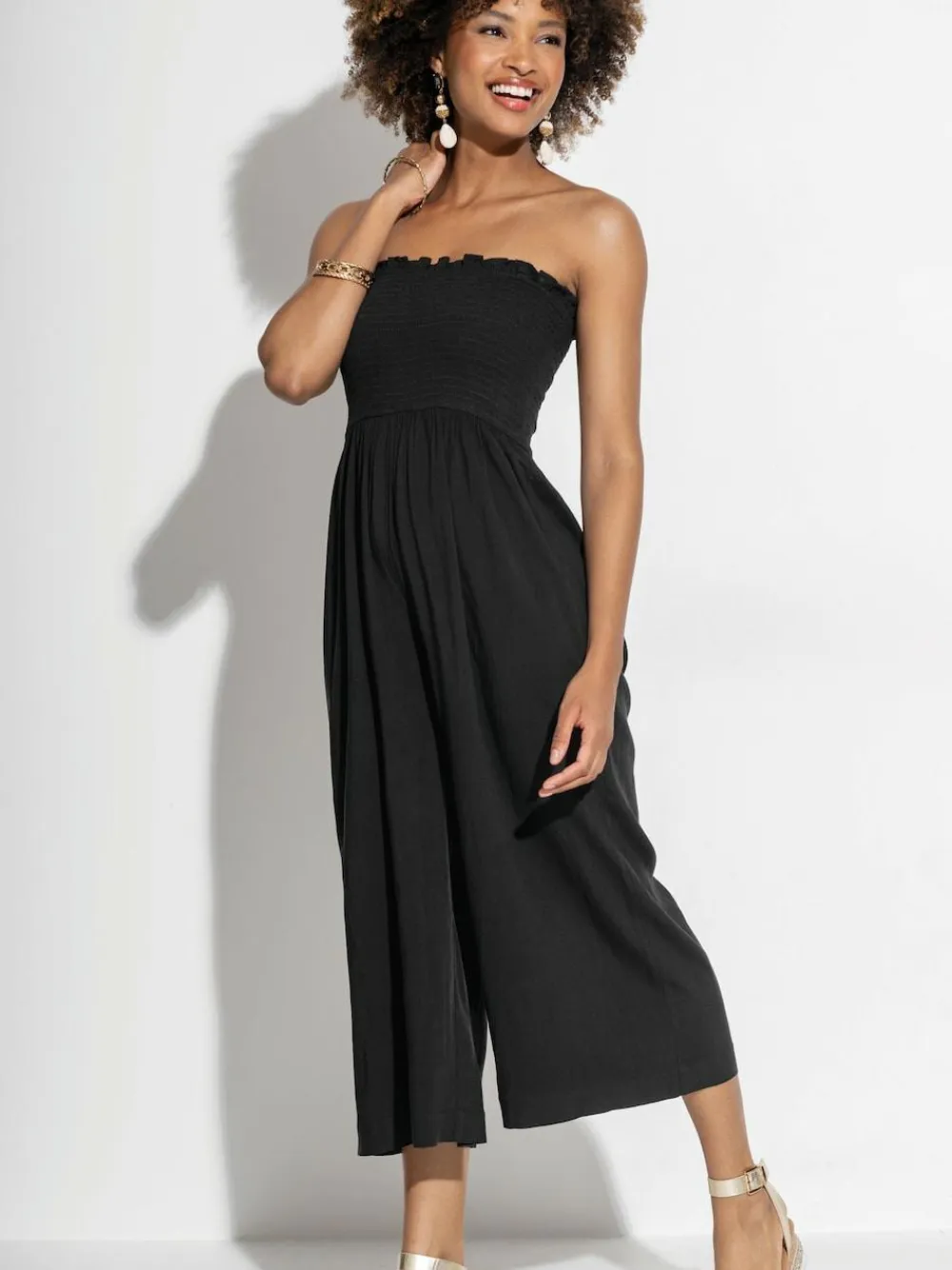 Pour Moi Dark Black Strapless Shirred Bodice Crop Leg Beach Jumpsuit