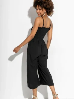 Pour Moi Dark Black Strapless Shirred Bodice Crop Leg Beach Jumpsuit