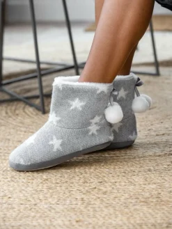 Pour Moi Grey Star Knit Faux Fur Lined Bootie Slippers^Women Slippers