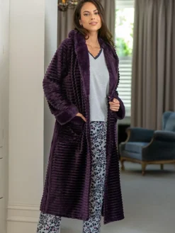 Clearance Pour Moi Cosy Ribbed Fleece Midi Hooded Dressing Gown Purple