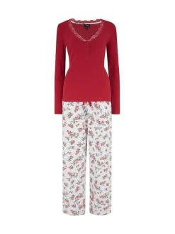 Pour Moi Red Rib Jersey Lace Trim Henley Top and Brushed Cotton Pyjamas Set^Women Pyjamas