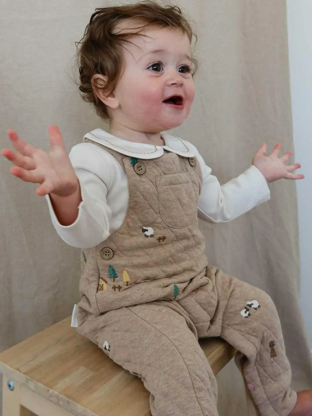 Purebaby Brown Quilted Embroidered Dungarees^BOY Rompers & Overalls|Dungarees