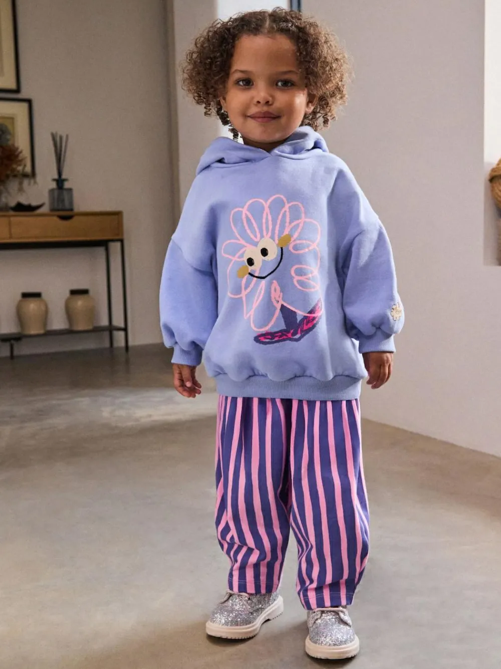 Next Purple Stripe Flower Hoodie & Barrel Leg Joggers Set (3mths-7yrs)^ Baby Girls|Sweatshirts & Hoodies