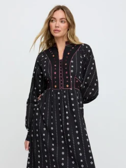 Best Raffya Black Ocean Elasticated Back Embroidered Maxi Dress