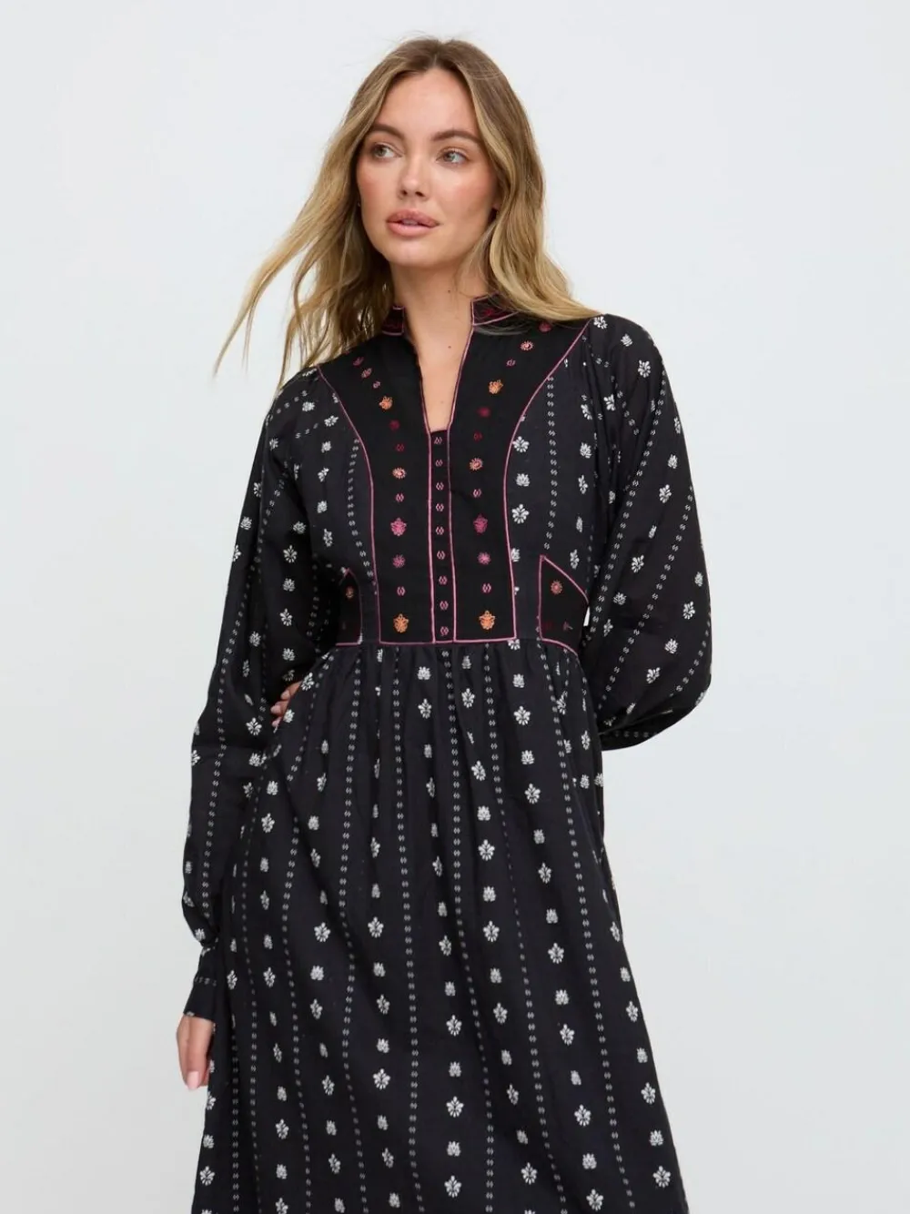 Best Raffya Black Ocean Elasticated Back Embroidered Maxi Dress