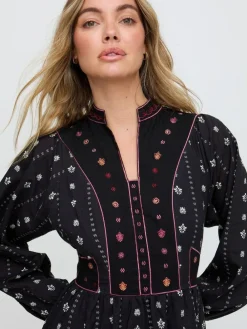 Best Raffya Black Ocean Elasticated Back Embroidered Maxi Dress