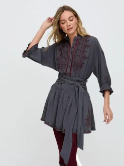 Hot Raffya Grey Julie Embroidered Skater Mini Skirt