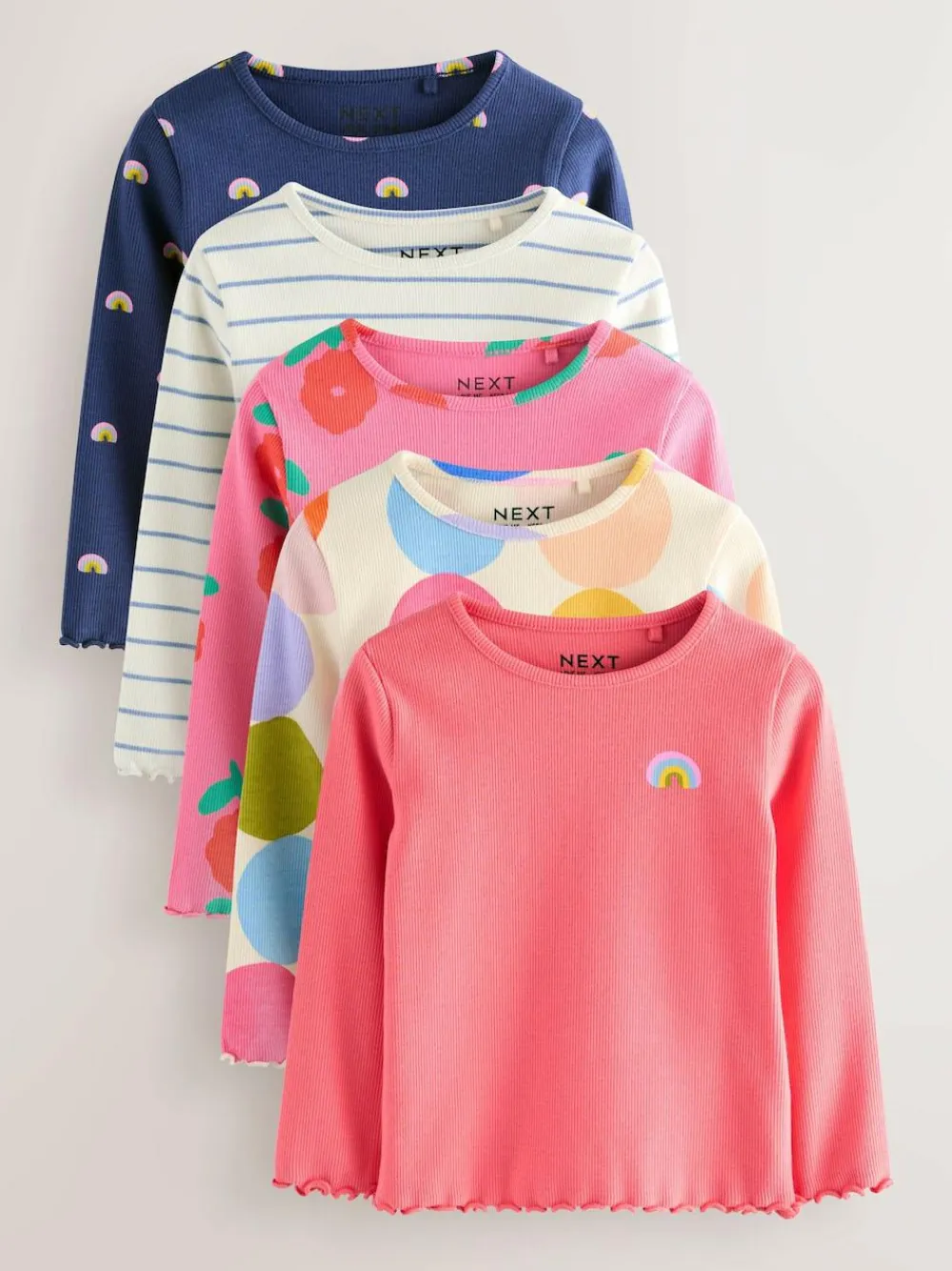 Next Rainbow Spot Long Sleeve Rib Tops 5 Pack (3mths-7yrs)^ Tops|Nightwear