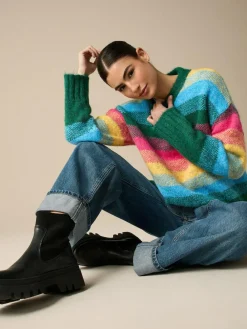 New Next Crew Neck Jumper With Wool Rainbow Stripe