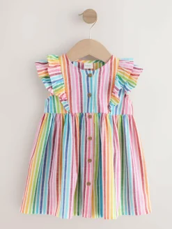 Next Rainbow Stripe Double Ruffle Sleeve Dress (3mths-8yrs)^ Baby Girls|Dresses