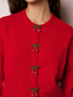 Next Red Cherry Buttons Crew Neck Knitted Cardigan With Wool^Women Occasionwear|Knitwear