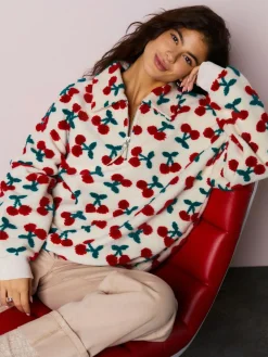 Outlet Next Red Ecru White Borg Cherry Graphic Zip Neck Fleece