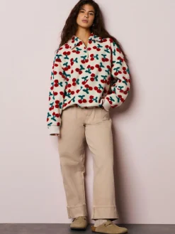 Outlet Next Red Ecru White Borg Cherry Graphic Zip Neck Fleece