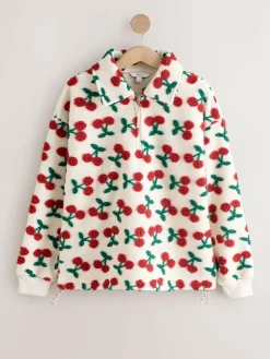 Outlet Next Red Ecru White Borg Cherry Graphic Zip Neck Fleece