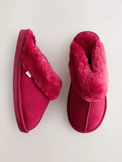 Next Red Faux Fur Lined Suede Mule Slippers^Women All Night & Lounge|Slippers