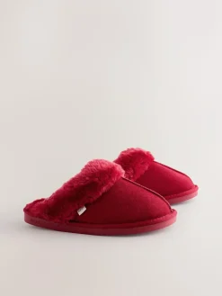 Next Red Faux Fur Lined Suede Mule Slippers^Women All Night & Lounge|Slippers