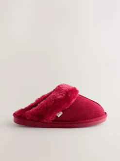 Next Red Faux Fur Lined Suede Mule Slippers^Women All Night & Lounge|Slippers