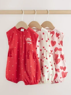 New Next 3 Pack Baby Rompers Red Heart Printed Button Through
