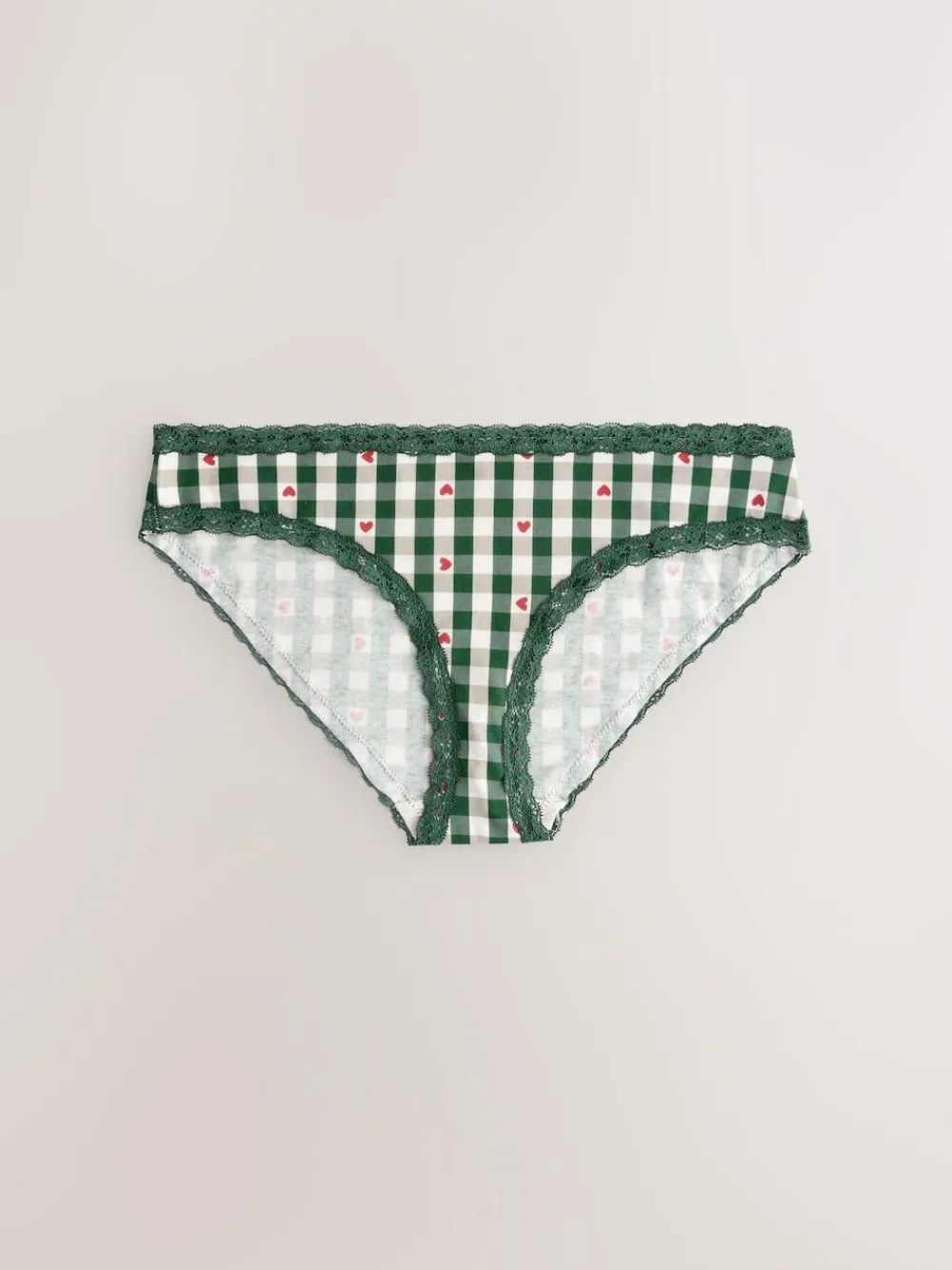 New Next Red Heart/Green Check Bikini Cotton Lace Knickers 4 Pack