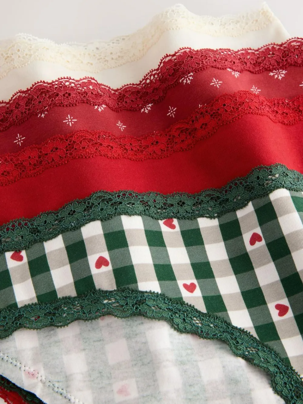 New Next Red Heart/Green Check Bikini Cotton Lace Knickers 4 Pack