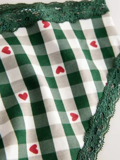 New Next Red Heart/Green Check Bikini Cotton Lace Knickers 4 Pack