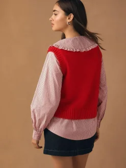 Hot Next Frill Collar Shirt Layer Knitted Tank Red Pinstripe