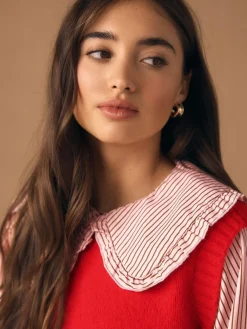 Hot Next Frill Collar Shirt Layer Knitted Tank Red Pinstripe