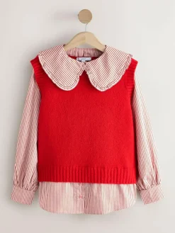 Hot Next Frill Collar Shirt Layer Knitted Tank Red Pinstripe